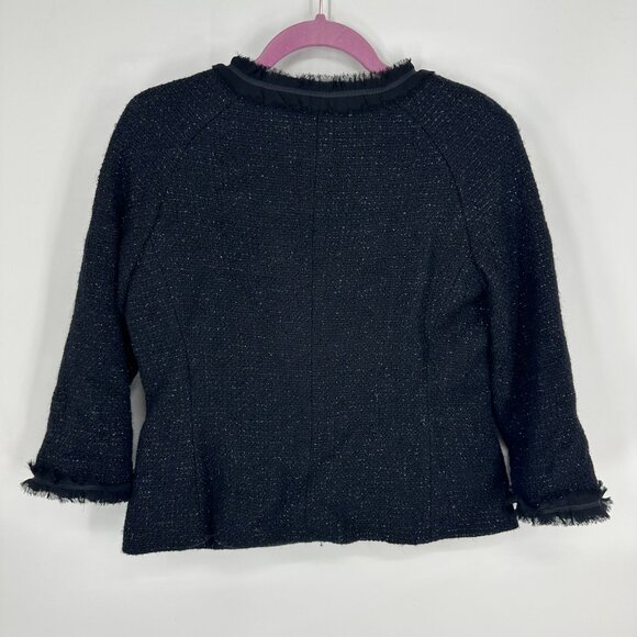 Talbots Metallic Tweed Blazer Jacket 4 Black Silver Shimmer Wool Blend Fringe - Picture 2 of 7